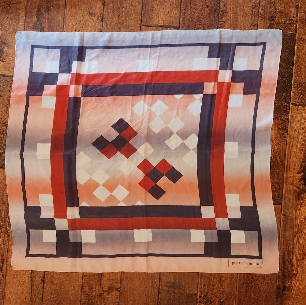 Pierre Balmain Red and‎ Blue Geometric Silk Scarf